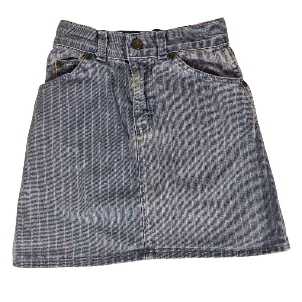 Y2K Street Worn Pink on Blue Pinstripe Denim Mini Skirt Size S 90s
